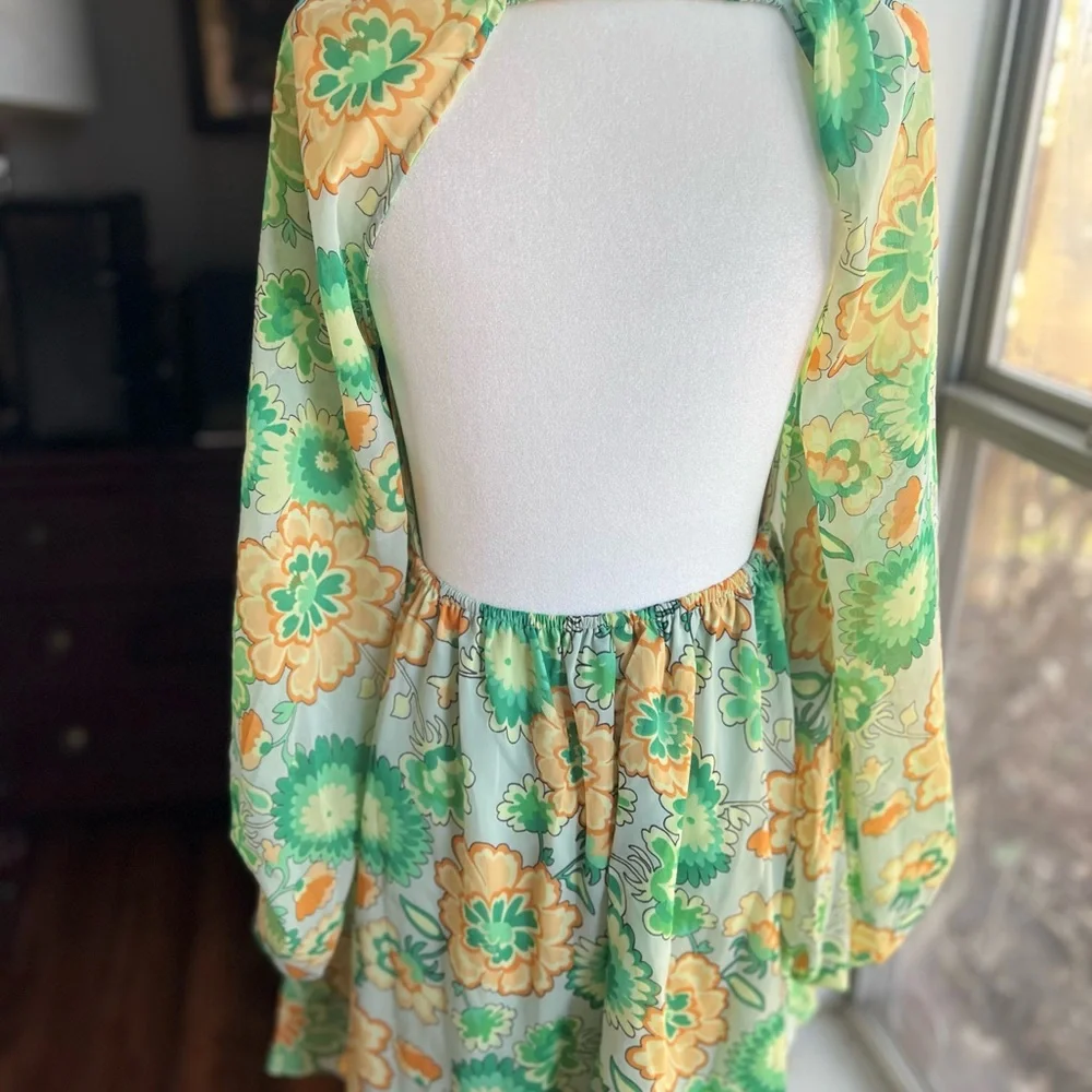 ASOS Green Orange Floral Open Back Smocked Mini Dress 70s Retro 4